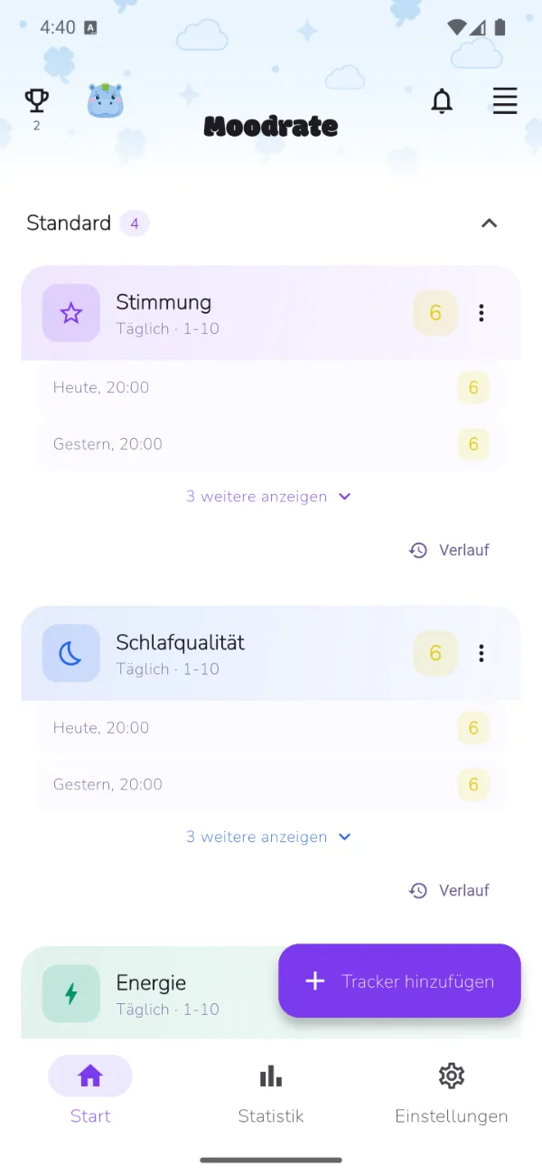 Der Startbildschirm der Moodrate-App, bereit für deinen ersten Tracker