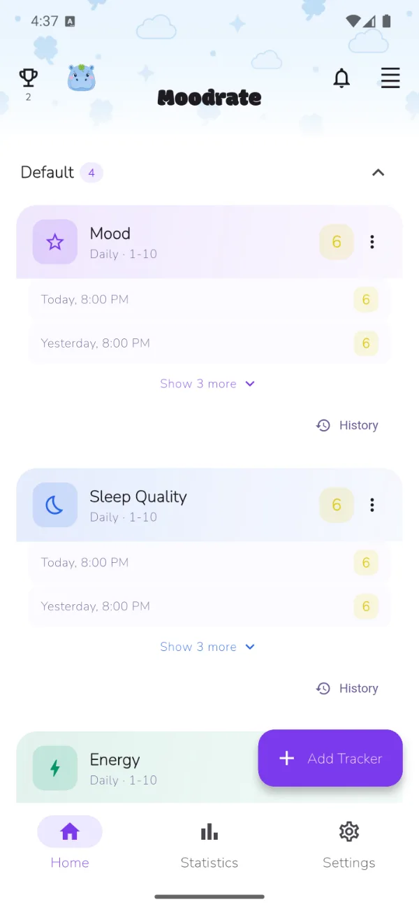 The Moodrate app home screen, ready to add your first tracker