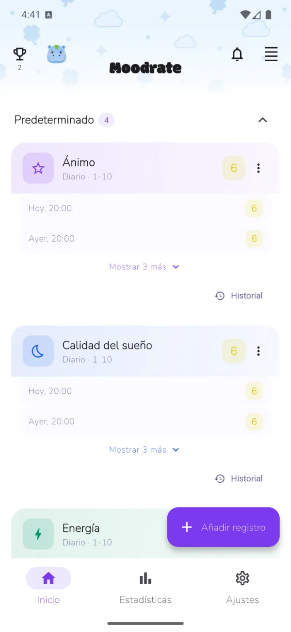 La pantalla de inicio de la app Moodrate, lista para añadir tu primer registro