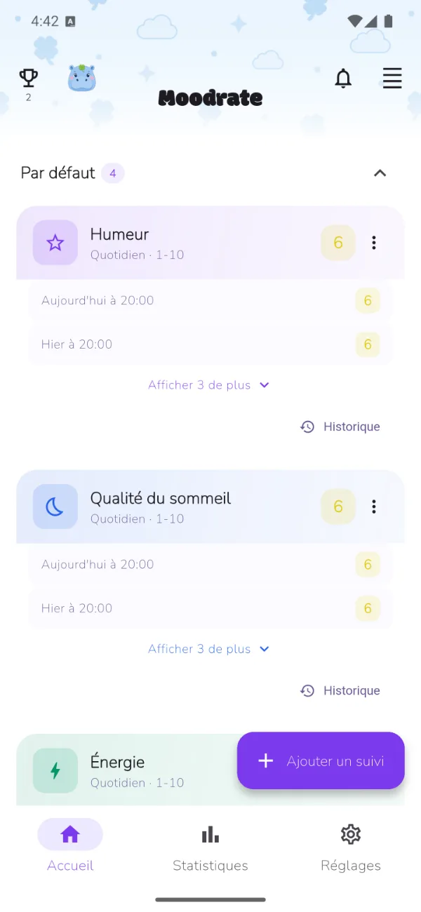 L'écran d'accueil de l'application Moodrate, prêt pour votre premier suivi