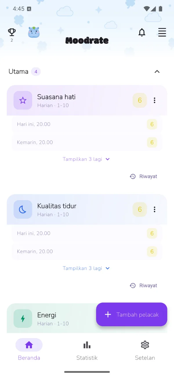 Layar utama aplikasi Moodrate, siap menerima pelacak pertamamu