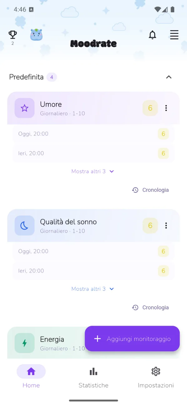 La schermata principale dell'app Moodrate, pronta per aggiungere il tuo primo tracker