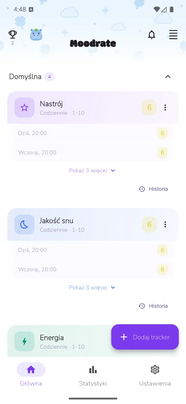 Ekran główny aplikacji Moodrate, gotowy na dodanie pierwszego trackera