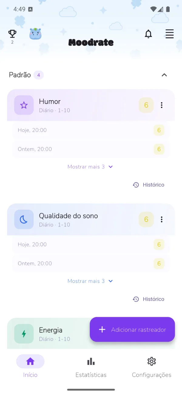 A tela inicial do app Moodrate, pronta para você adicionar seu primeiro rastreador